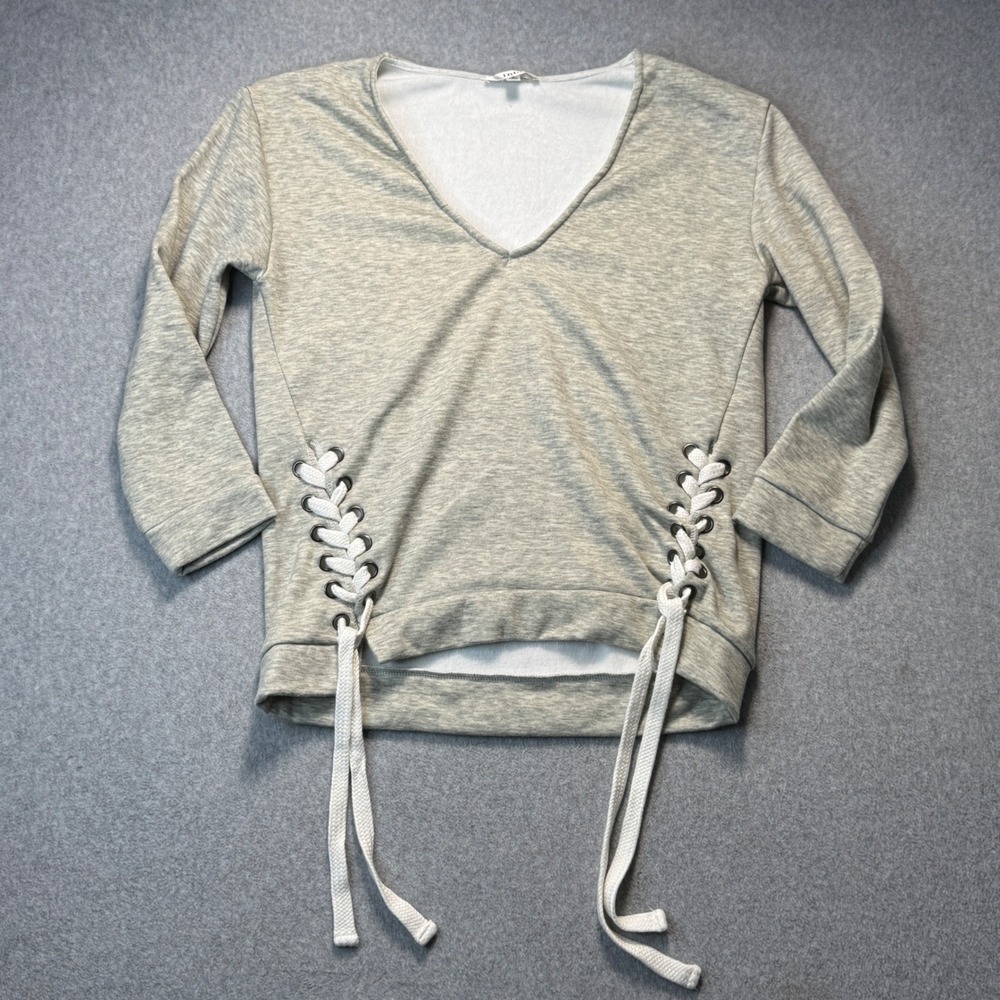 Into Lace Up Sweatshirt Edgy Grommets V-Neck Fleece Lined Heather Grey‎ Small